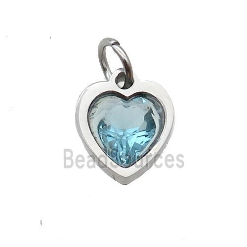 Raw Stainless Steel Heart Pendant Pave Aqua Zircon