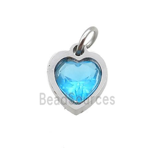 Raw Stainless Steel Heart Pendant Pave Blue Zircon