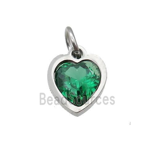 Raw Stainless Steel Heart Pendant Pave Green Zircon