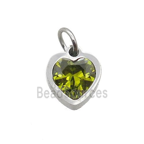 Raw Stainless Steel Heart Pendant Pave Olive Zircon