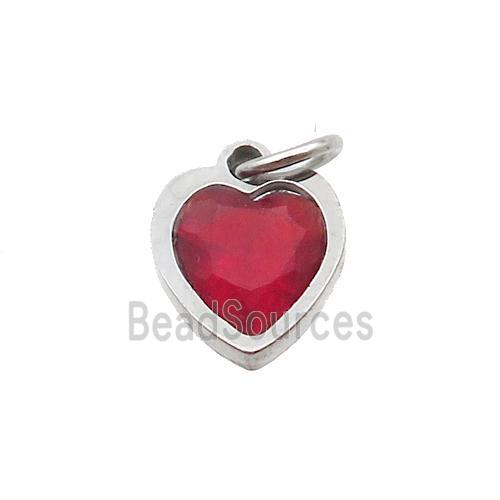 Raw Stainless Steel Heart Pendant Pave Red Zircon