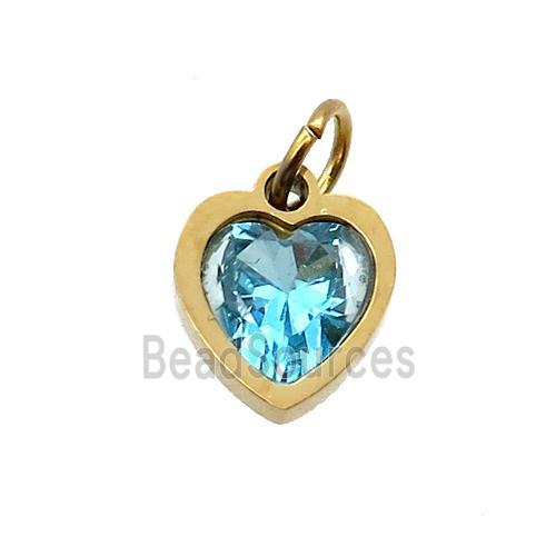 Stainless Steel Heart Pendant Pave Aqua Zircon Gold Plated