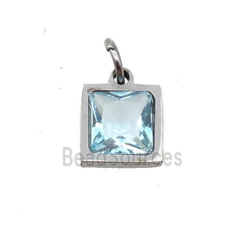 Raw Stainless Steel Square Pendant Pave Blue Zircon