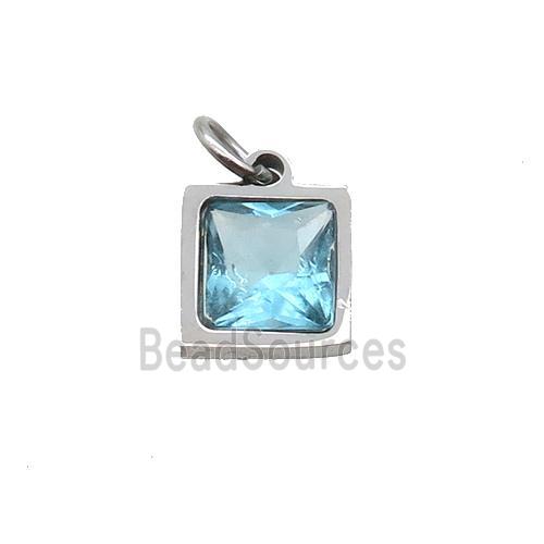 Raw Stainless Steel Square Pendant Pave Aqua Zircon