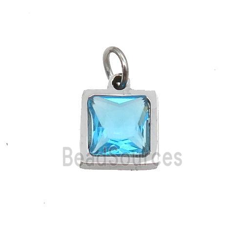 Raw Stainless Steel Square Pendant Pave Aqua Zircon