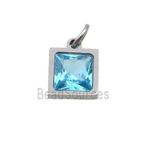 Raw Stainless Steel Square Pendant Pave Aqua Zircon