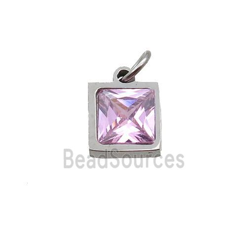 Raw Stainless Steel Square Pendant Pave Pink Zircon