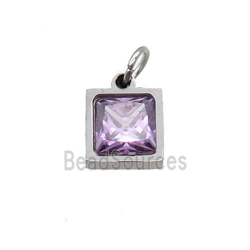 Raw Stainless Steel Square Pendant Pave Purple Zircon