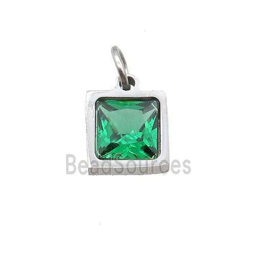 Raw Stainless Steel Square Pendant Pave Green Zircon