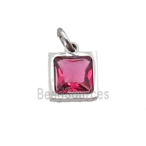 Raw Stainless Steel Square Pendant Pave Red Zircon