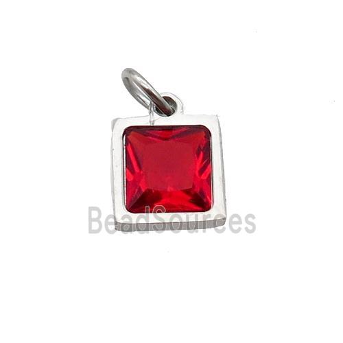 Raw Stainless Steel Square Pendant Pave Red Zircon