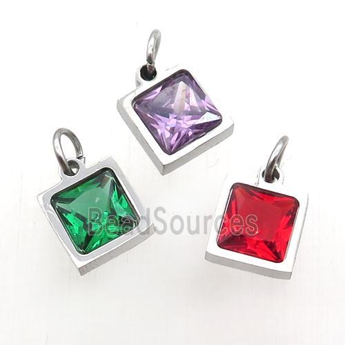 Raw Stainless Steel Square Pendant Pave Zircon Mixed