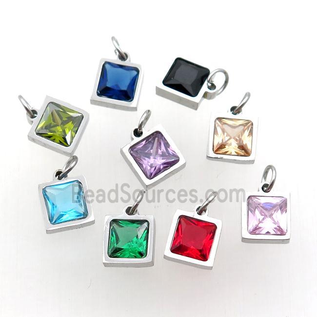 Raw Stainless Steel Square Pendant Pave Zircon Mixed