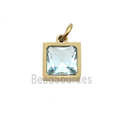 Stainless Steel Square Pendant Pave Aqua Zircon Gold Plated