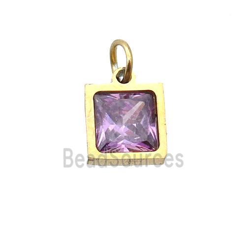 Stainless Steel Square Pendant Pave Purple Zircon Gold Plated