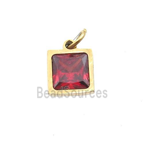 Stainless Steel Square Pendant Pave Red Zircon Gold Plated