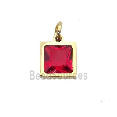 Stainless Steel Square Pendant Pave Red Zircon Gold Plated