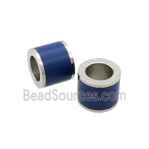 Raw Stainless Steel Column Beads Blue Enamel Large Hole