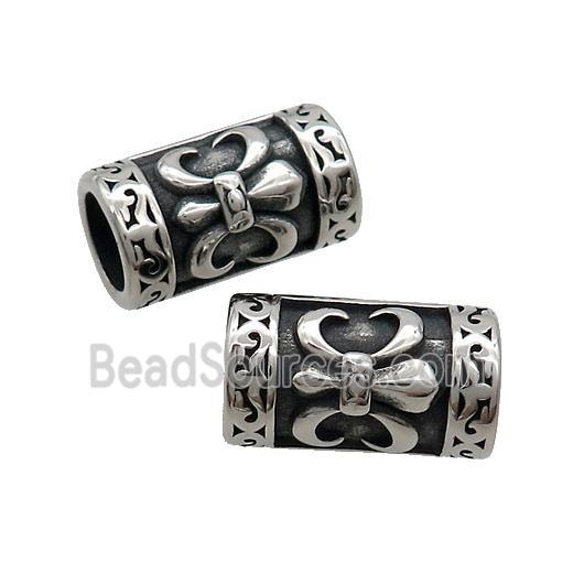 Stainless Steel Column Beads Fleur-de-lis Tube Large Hole Antique Silver