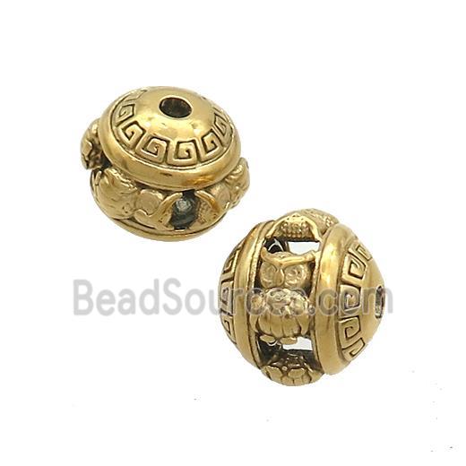 Stainless Steel Round Beads Owl Hollow Gold Plated