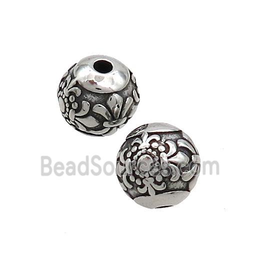 Stainless Steel Beads Round Fleur-de-lis Antique Silver