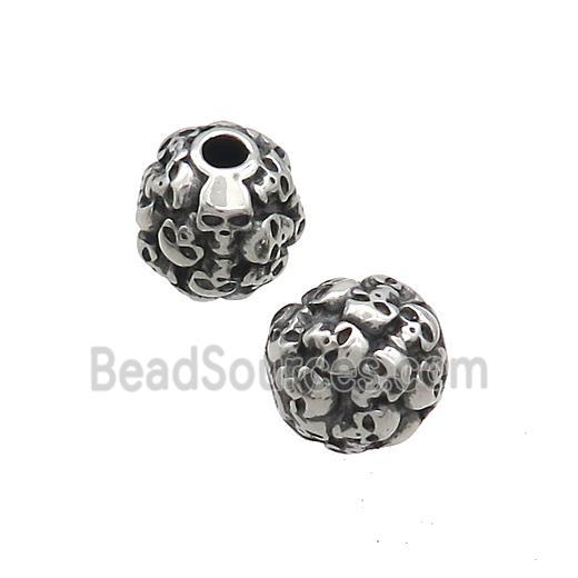 Stainless Steel Round Beads Halloween Skull Antique Silver