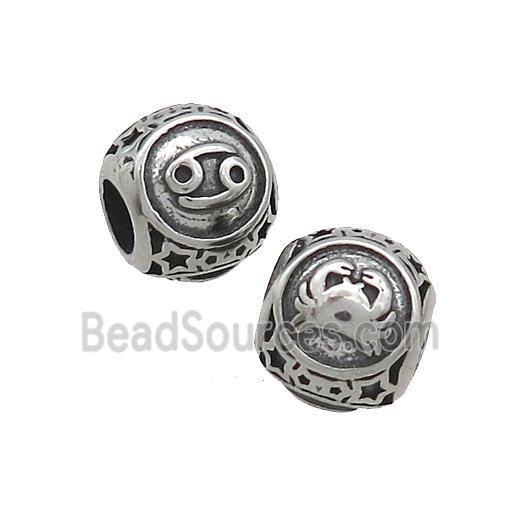 Stainless Steel Round Beads Zodiac Cancer Antique Silver