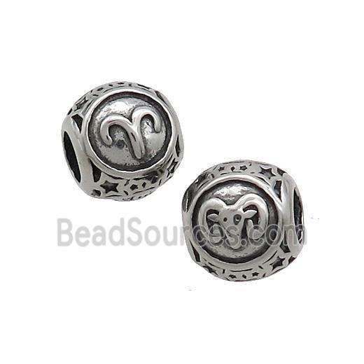 Stainless Steel Round Beads Zodiac Aries Antique Silver