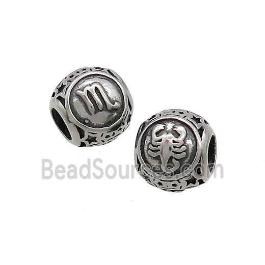 Stainless Steel Round Beads Zodiac Scorpio Antique Silver