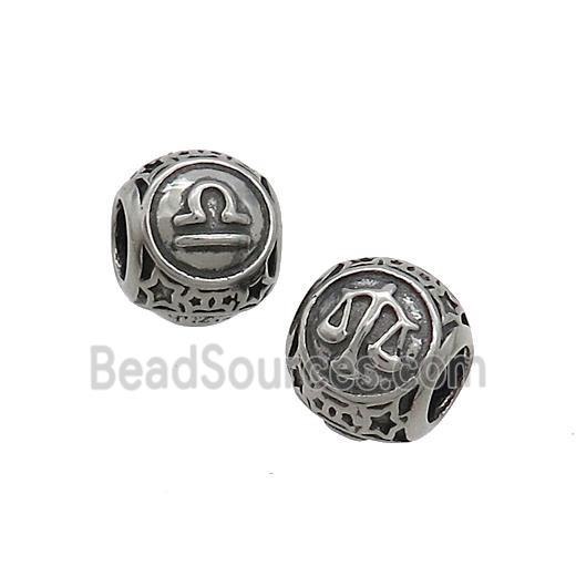 Stainless Steel Round Beads Zodiac Libra Antique Silver