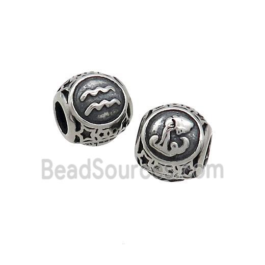 Stainless Steel Round Beads Zodiac Aquarius Antique Silver