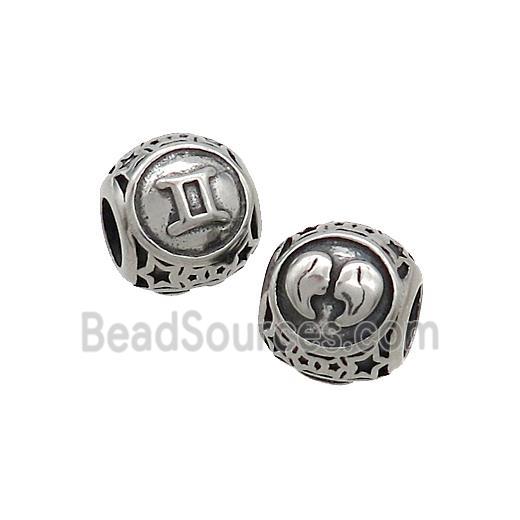 Stainless Steel Round Beads Zodiac Gemini Antique Silver