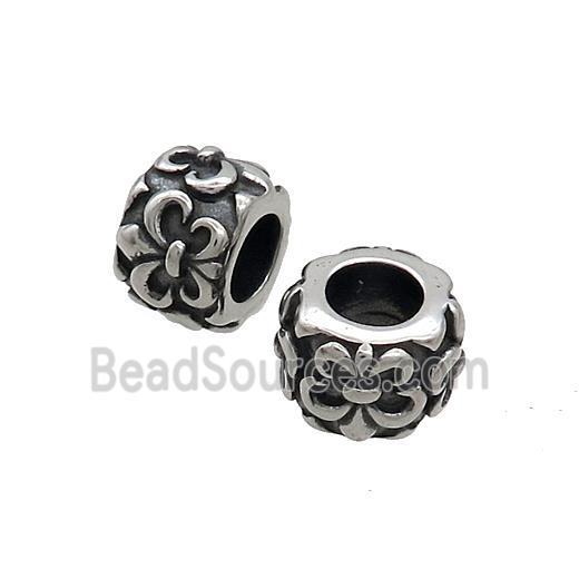 Stainless Steel Column Beads Fleur-de-lis Large Hole Tube Antique Silver