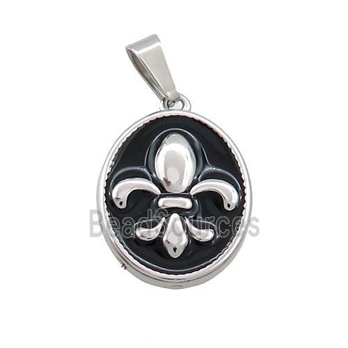 Raw Stainless Steel Fleur-De-Lis Charms Pendant Oval Black Enamel