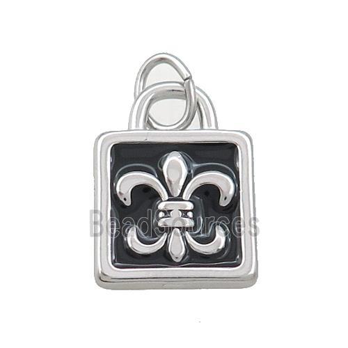 Raw Stainless Steel Fleur-De-Lis Charms Pendant Lock Black Enamel