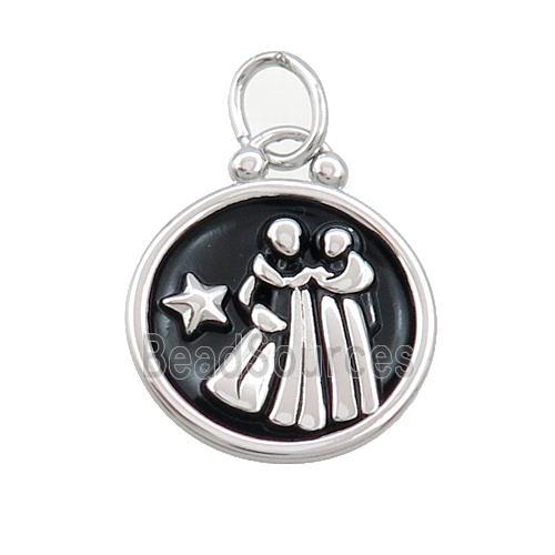 Raw Stainless Steel Gemini Zodiac Charms Pendant Circle Black Enamel