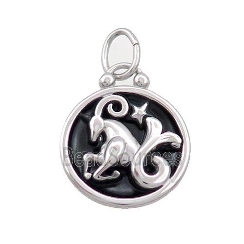 Raw Stainless Steel Capricorn Zodiac Charms Pendant Circle Black Enamel