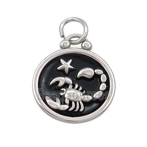 Raw Stainless Steel Scorpio Zodiac Charms Pendant Circle Black Enamel