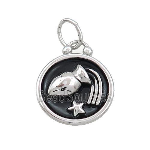 Raw Stainless Steel Aquarius Zodiac Charms Pendant Circle Black Enamel