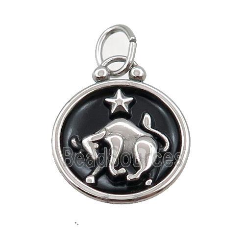 Raw Stainless Steel Taurus Zodiac Charms Pendant Circle Black Enamel