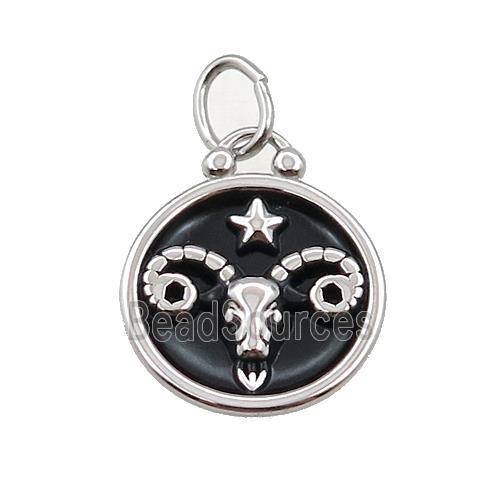 Raw Stainless Steel Aries Zodiac Charms Pendant Circle Black Enamel