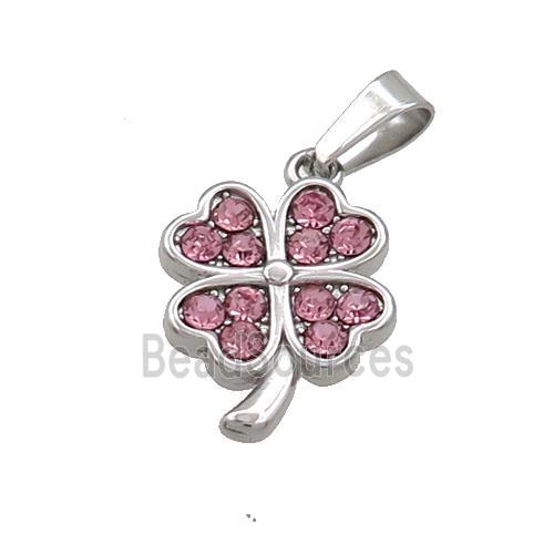 Raw Stainless Steel Clover Charms Pendant Pave Pink Rhinestone