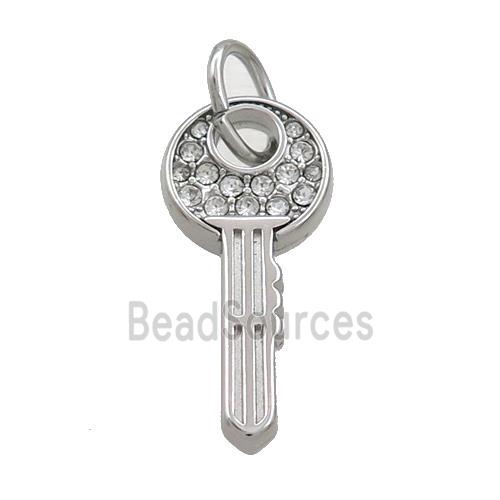 Raw Stainless Steel Key Pendant Pave Rhinestone