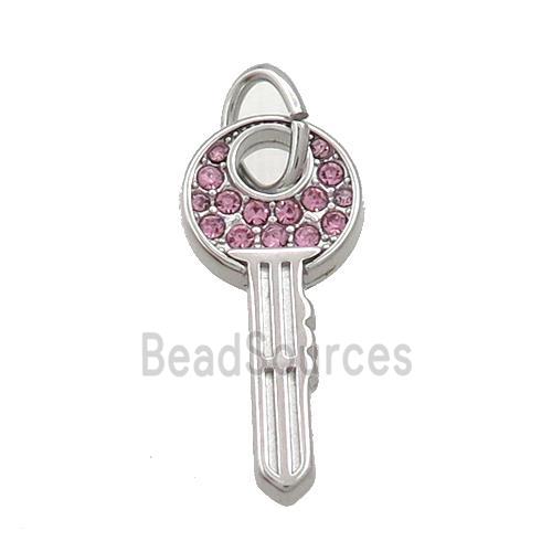 Raw Stainless Steel Key Pendant Pave Pink Rhinestone