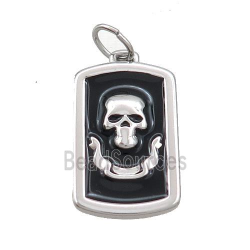 Raw Stainless Steel Skull Charms Pendant Rectangle Black Enamel