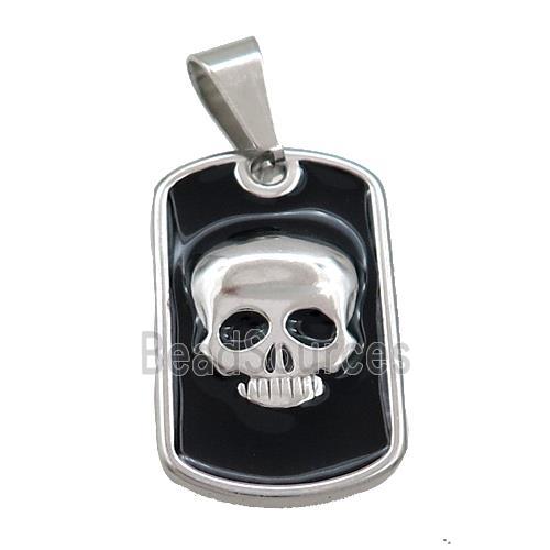 Raw Stainless Steel Skull Charms Pendant Rectangle Black Enamel