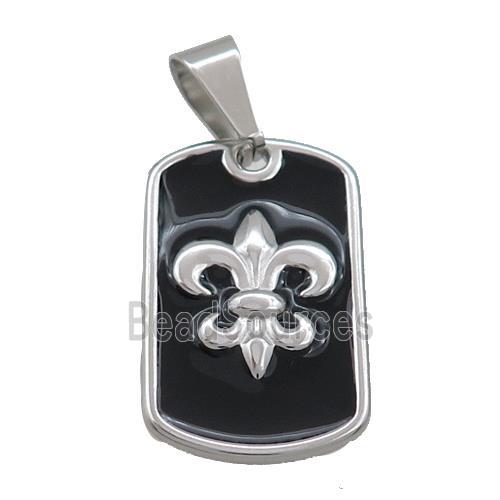 Raw Stainless Steel Fleur-De-Lis Charms Pendant Rectangle Black Enamel