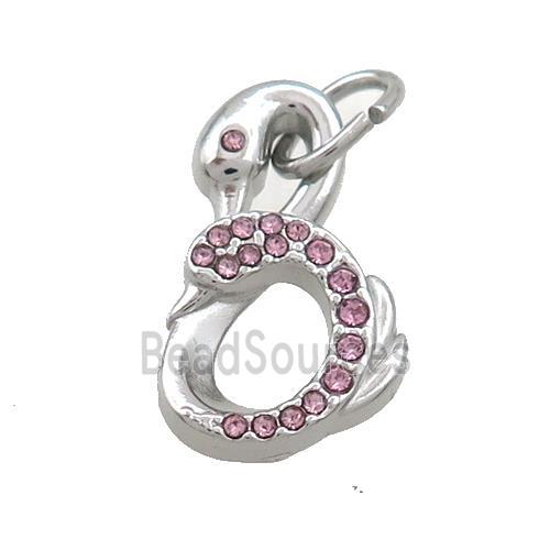 Raw Stainless Steel Swan Pendant Pave Pink Rhinestone