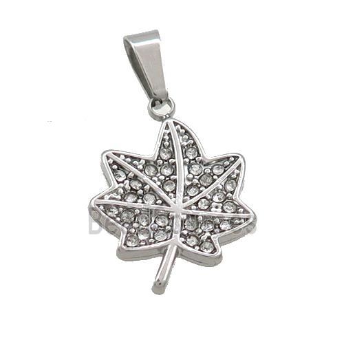 Raw Stainless Steel Maple Leaf Pendant Pave Rhinestone