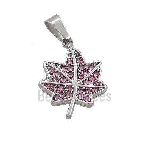 Raw Stainless Steel Maple Leaf Pendant Pave Pink Rhinestone